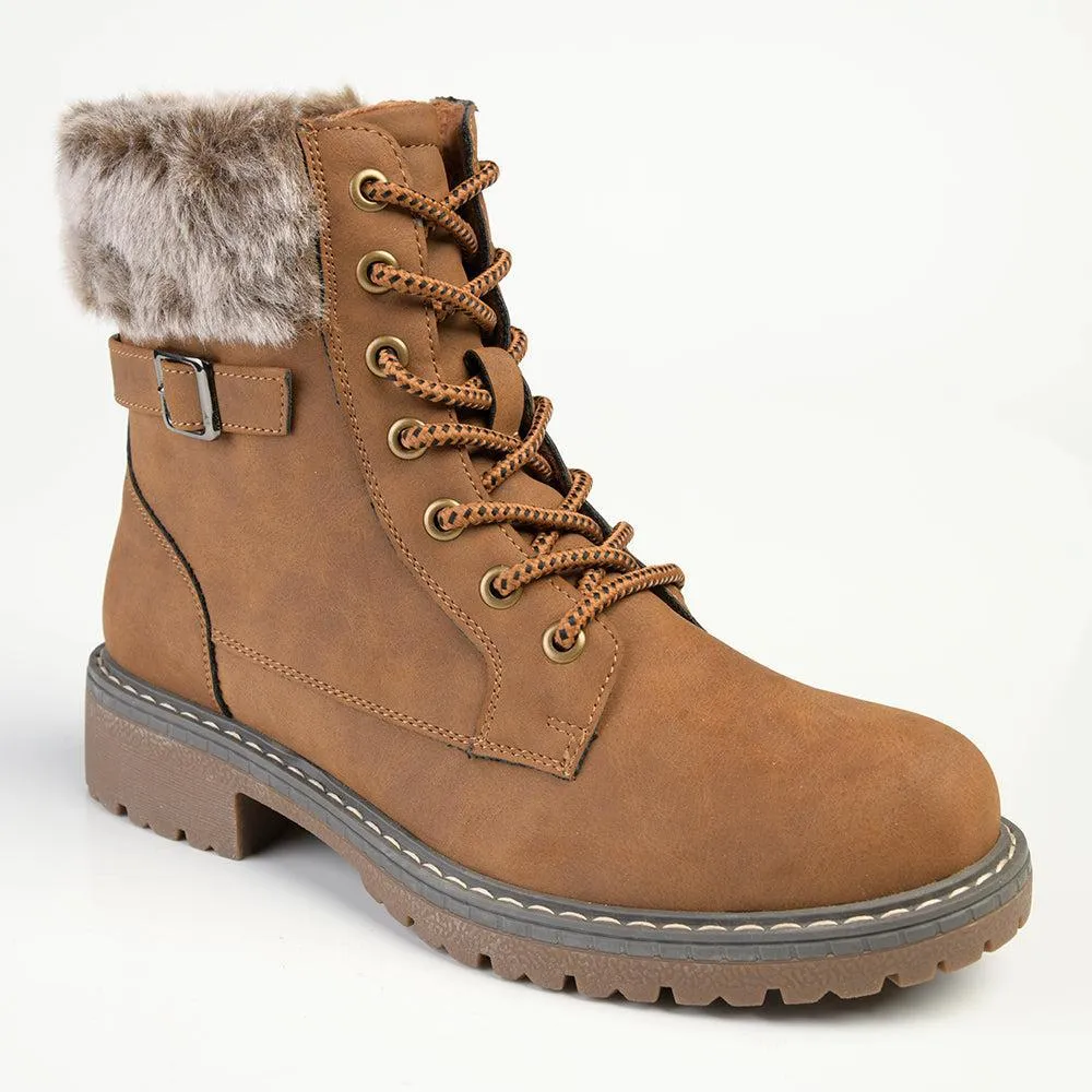 Madison Jordan Fur Collar Lace Up Boot - Brown