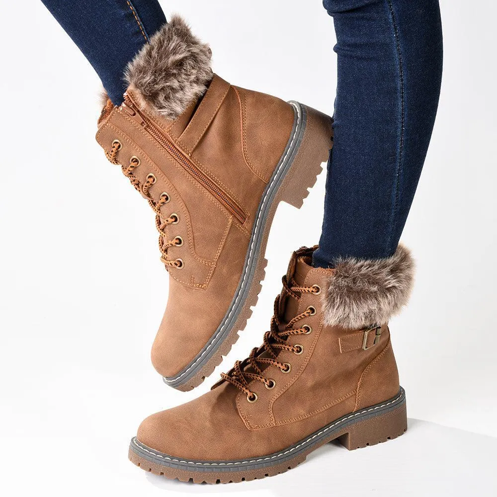Madison Jordan Fur Collar Lace Up Boot - Brown