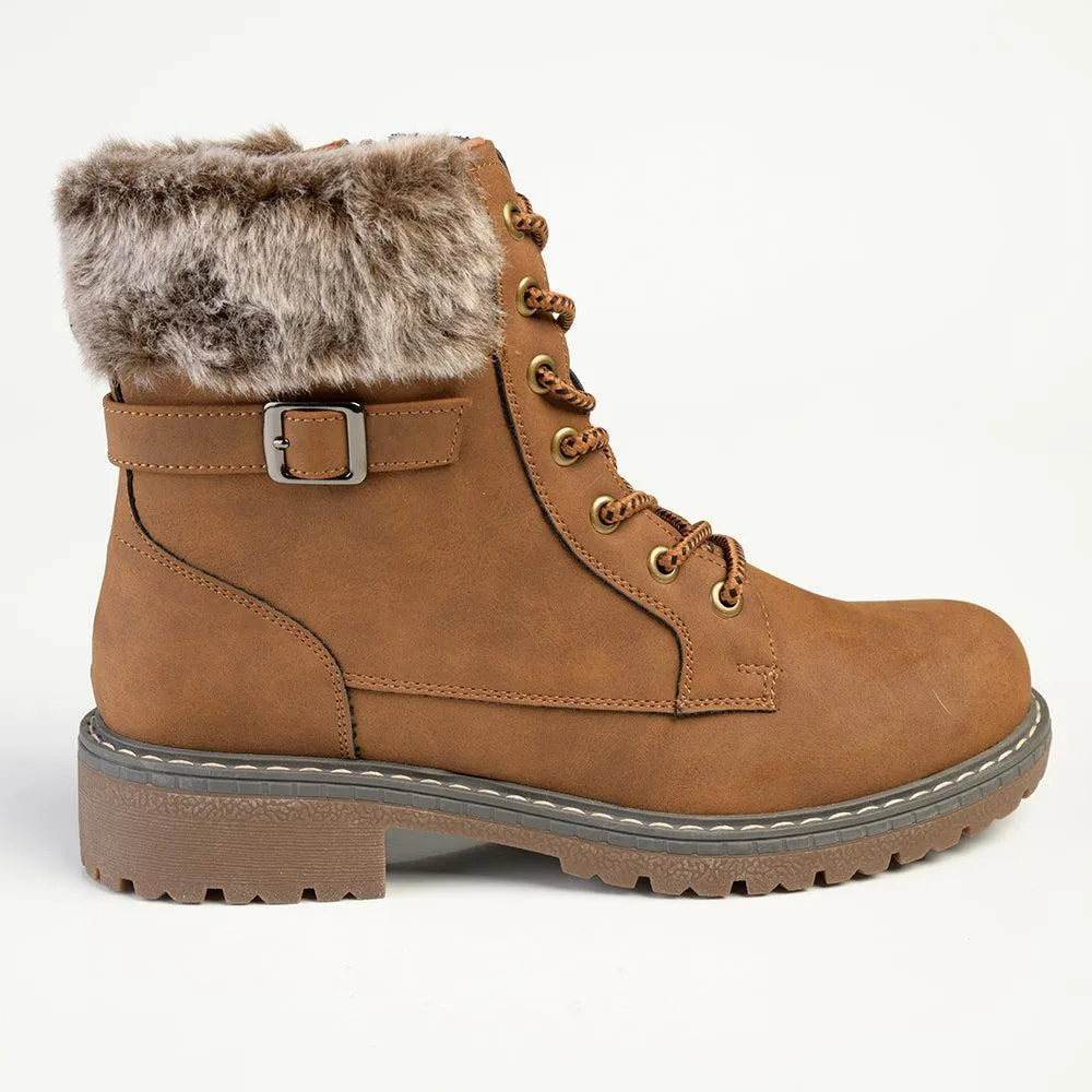 Madison Jordan Fur Collar Lace Up Boot - Brown
